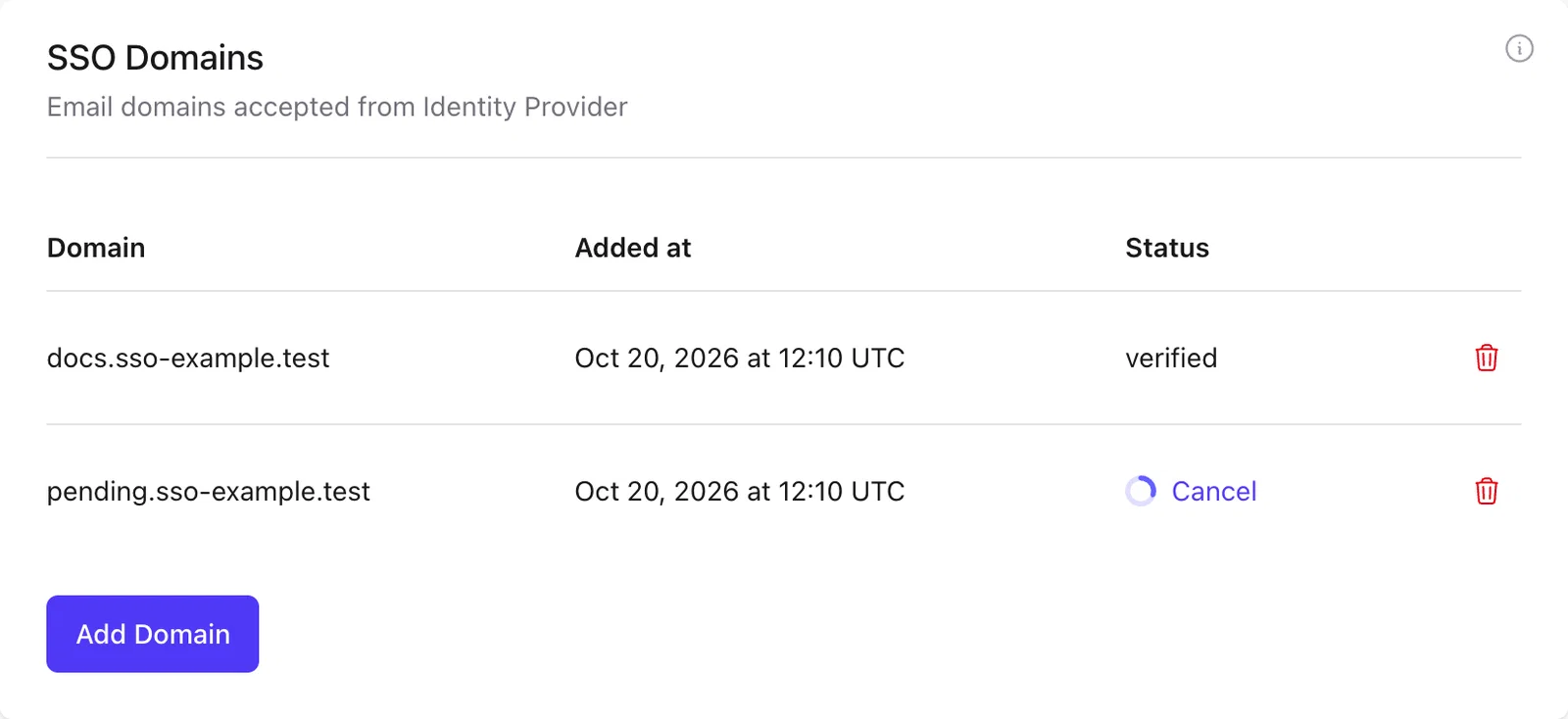 Plausible SSO domains table with Cancel for an ongoing verification